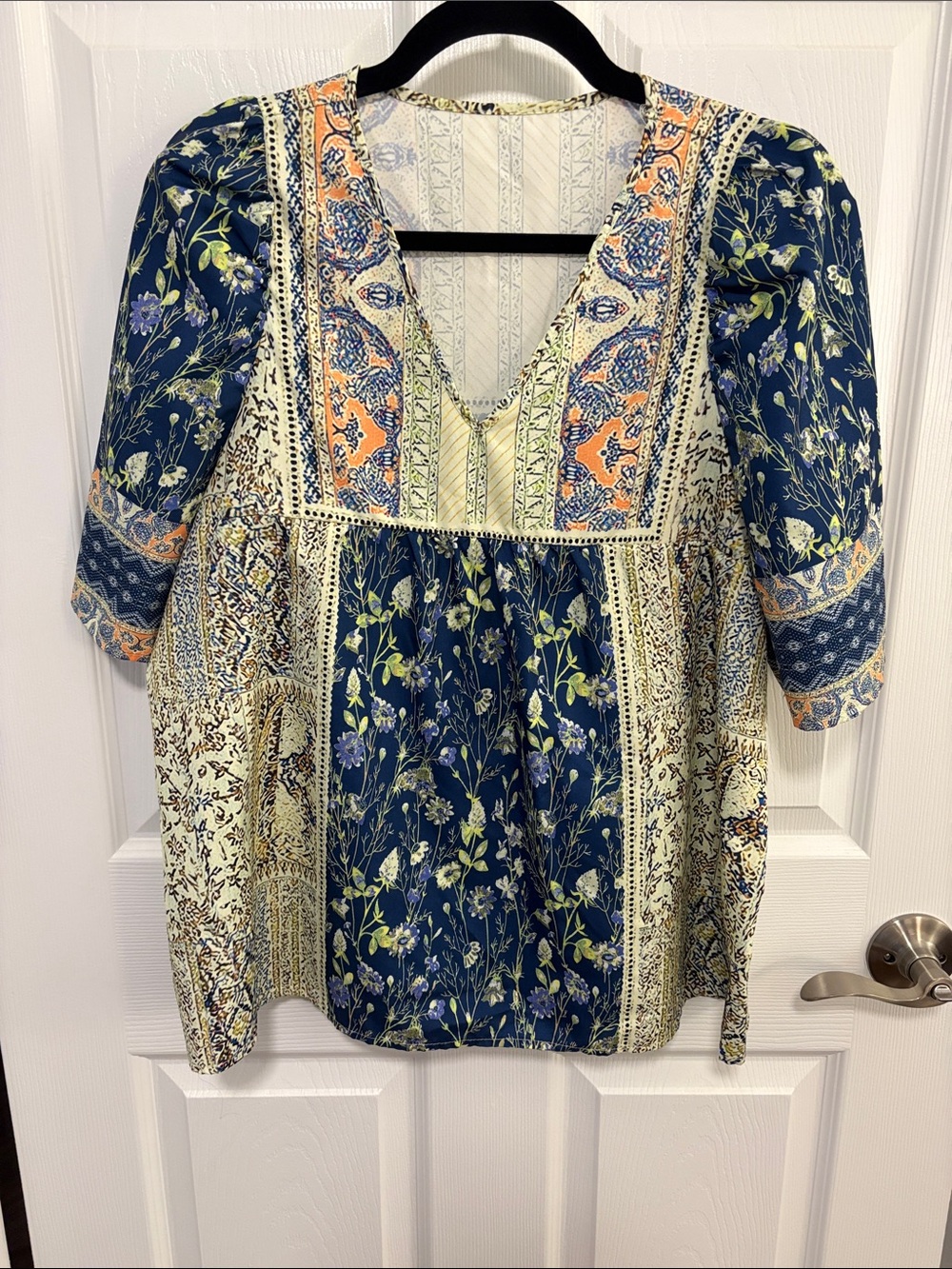 Boho Floral Patchwork V-Neck Women's Top - Navy/Peach